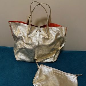Tiffany & Co metallic gold and coral suede reversible tote bag, matching wallet